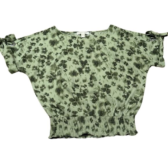 Michael Michael Kors MK Medium Short sleeve Blouse Roll Tab Sleeve Green Smocked - Picture 1 of 7